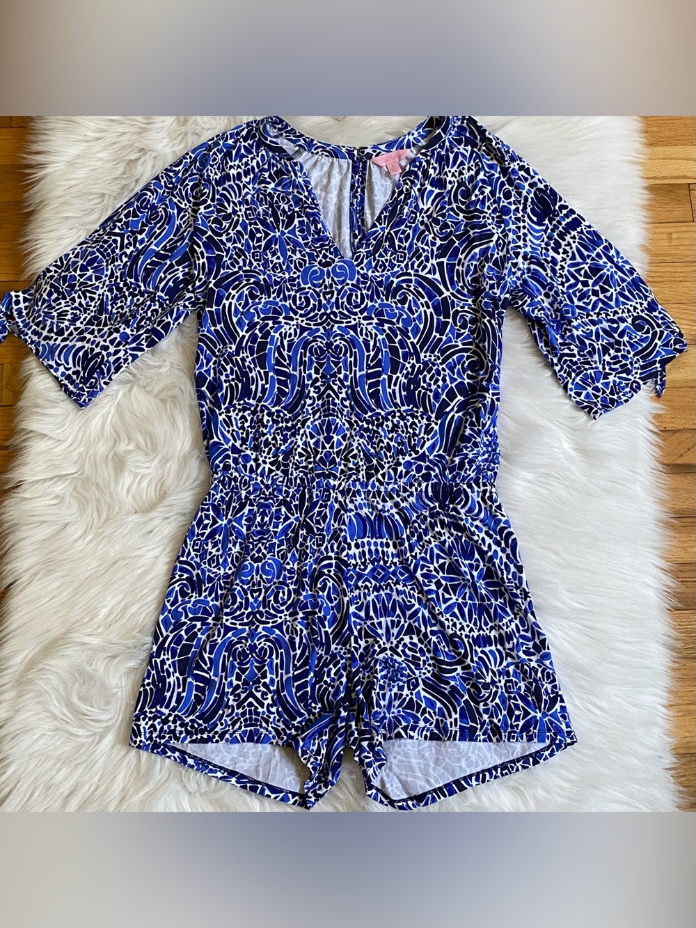Lilly Pulitzer Bryce Romper in Bright Navy Taverna Tile Allover Size Small